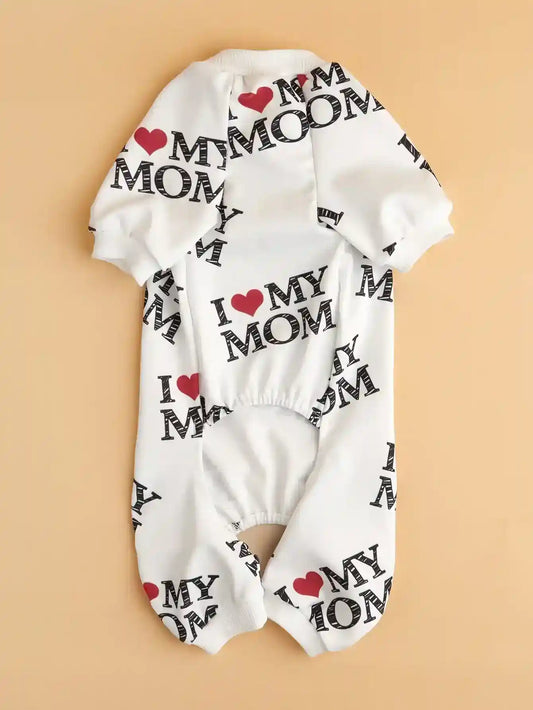 White pet onesie with black I love my mom text and red heart pattern on beige background