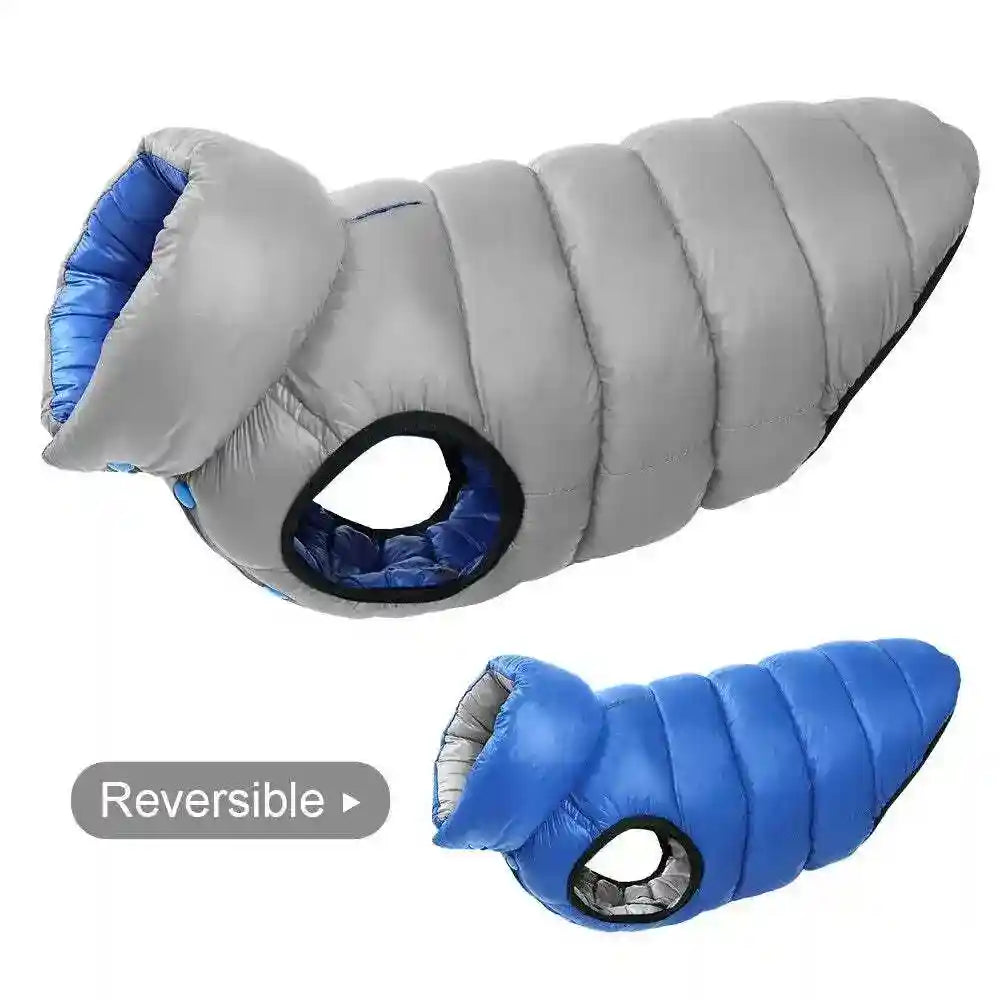 Reversible gray and blue padded pet dog jacket with armholes for warmth and comfort