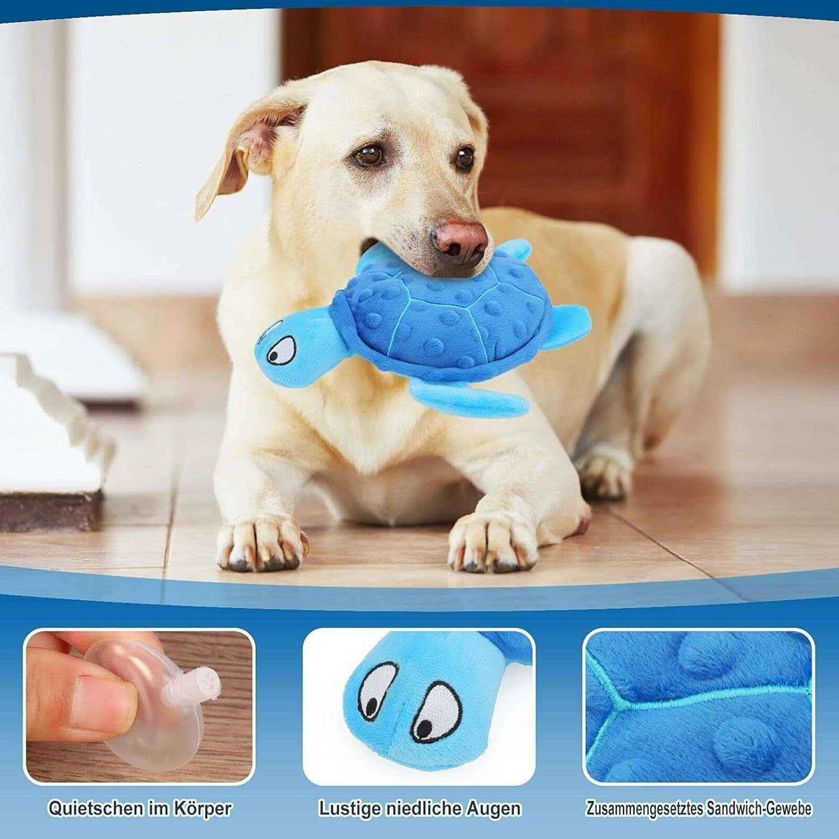 Light brown dog lying indoors holding blue plush turtle toy with squeaker and cute eyes