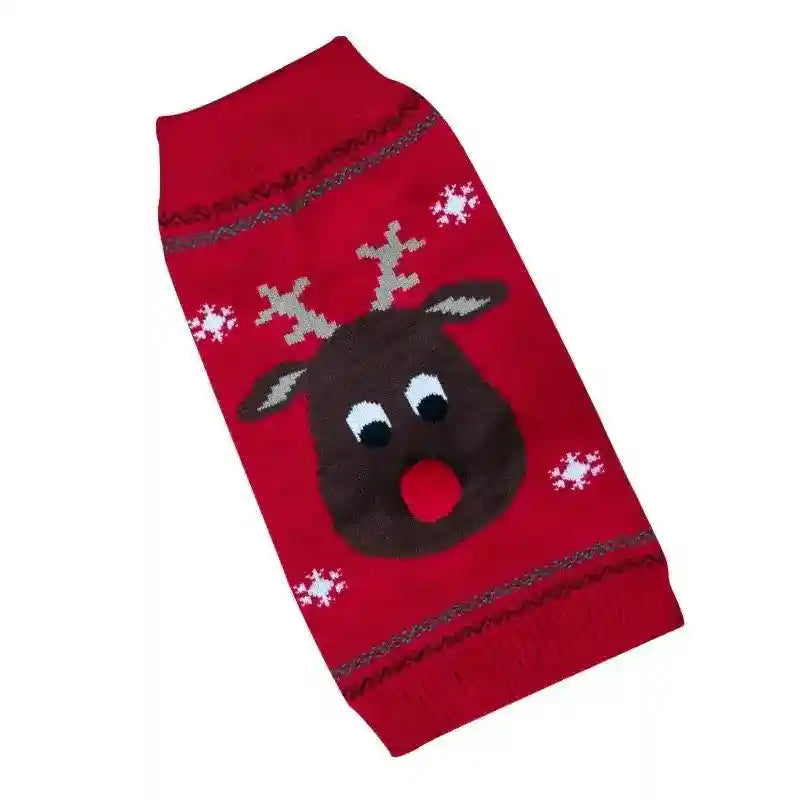 Red Christmas dog sweater with reindeer face and white snowflake patterns
