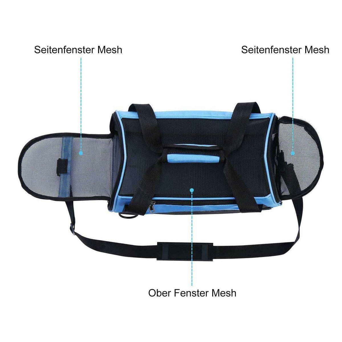 Black and blue pet carrier bag with mesh side windows and adjustable shoulder strap