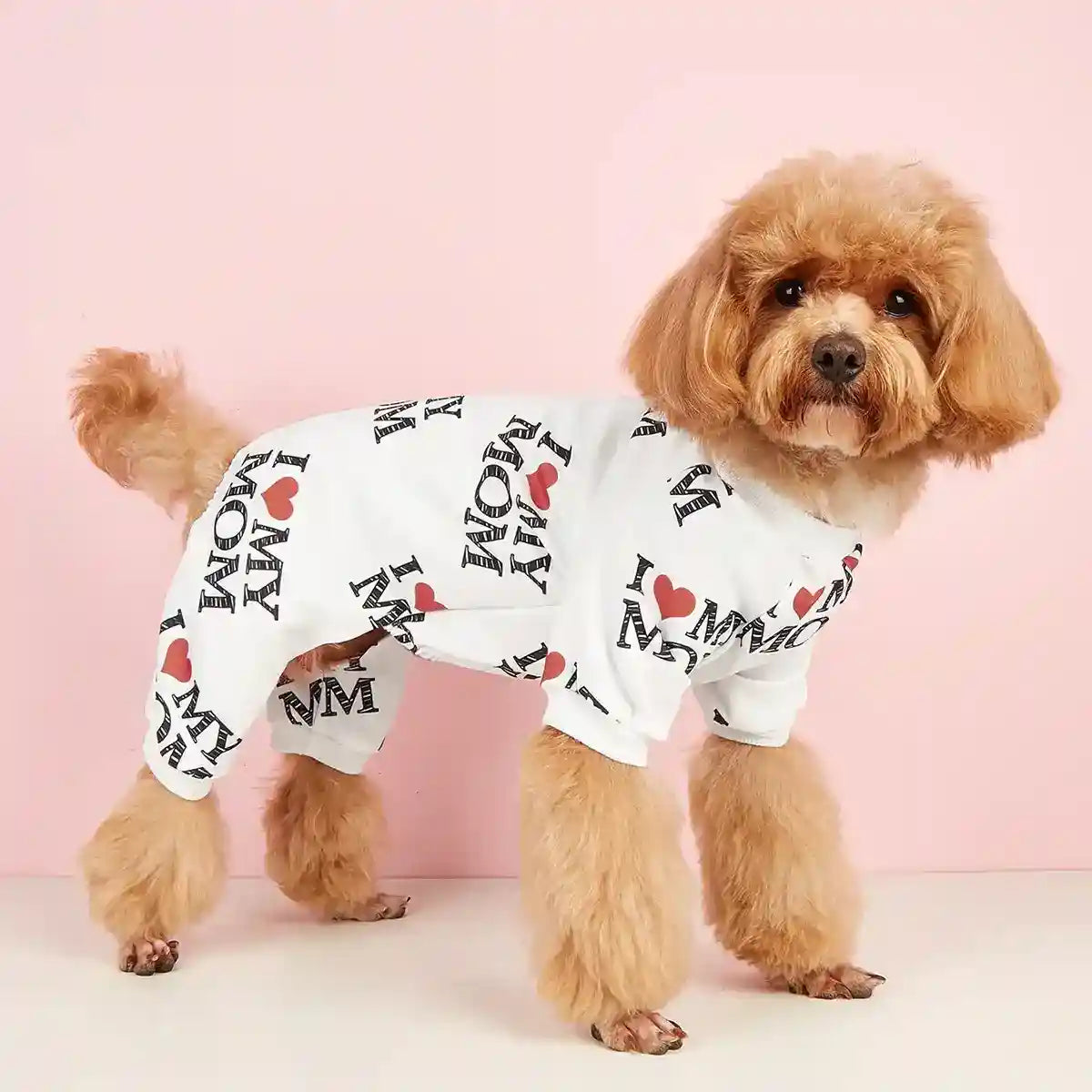 Small poodle dog wearing white pajamas with red heart and I love my mom text on pink background