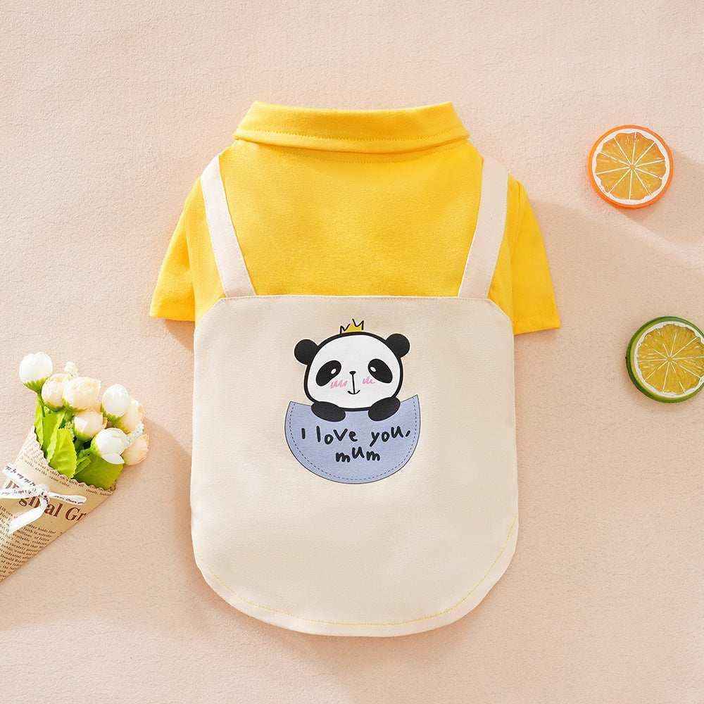 Yellow dog shirt with white apron featuring panda and 'I love you, mum' text on beige background