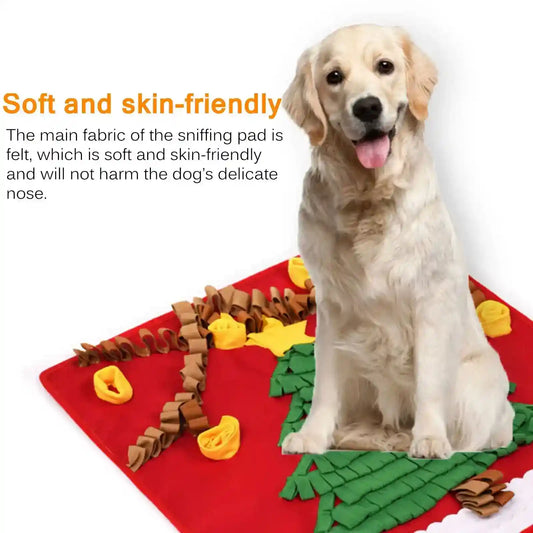 Golden retriever sitting on a red felt dog sniffing pad with green and yellow fabric details