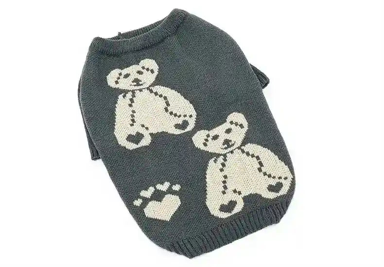 Dark gray knitted pet sweater with two white teddy bear designs and a heart paw print