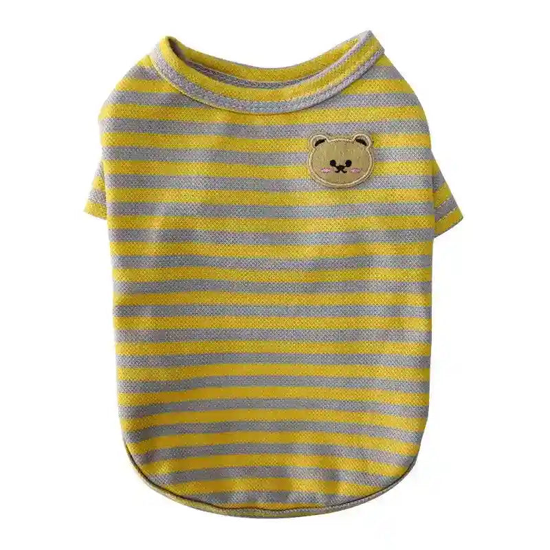 Yellow and gray striped pet shirt with cute bear patch on white background