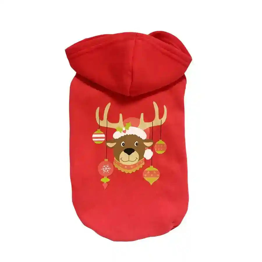 Red dog hoodie with Christmas reindeer and ornaments design, festive pet clothing