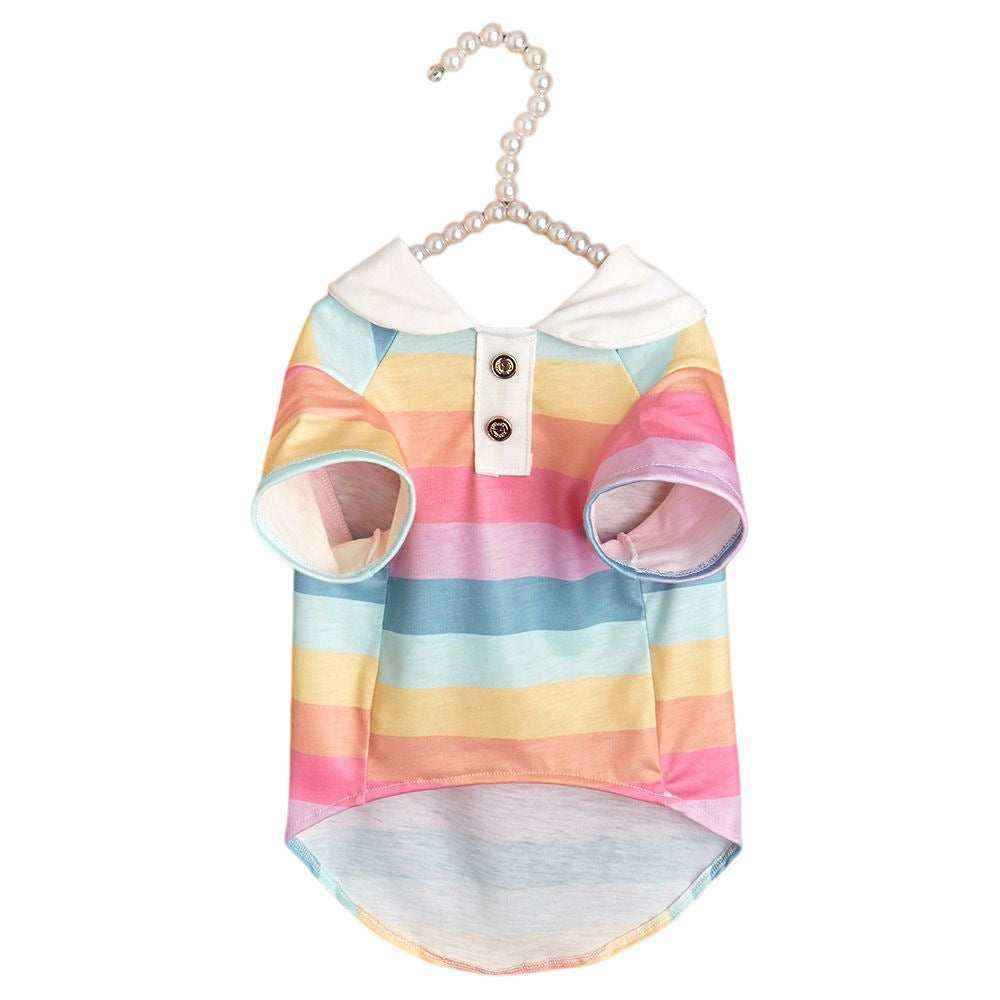 Colorful striped pet shirt with white collar and buttons on pearl hanger