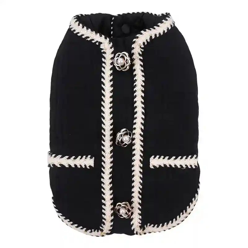 Black quilted dog vest with pearl flower buttons and white braided trim