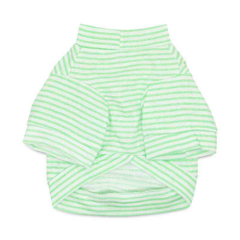 Light green and white striped soft pet shirt with short sleeves and high collar