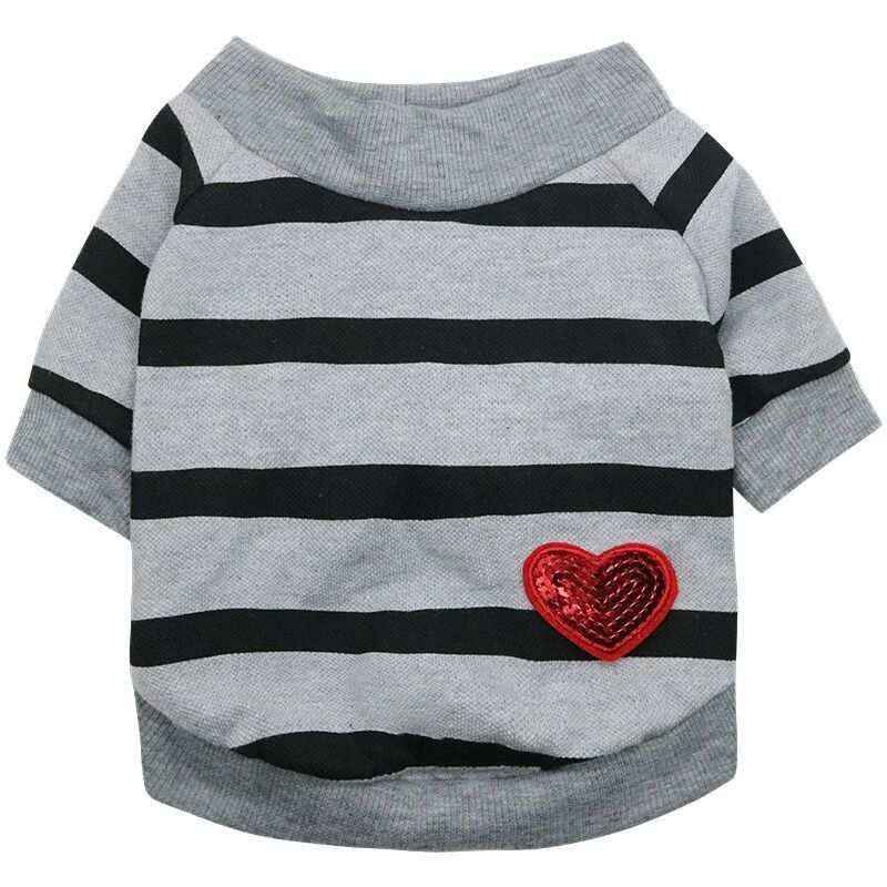 Gray and black striped short-sleeve pet shirt with red sequined heart patch