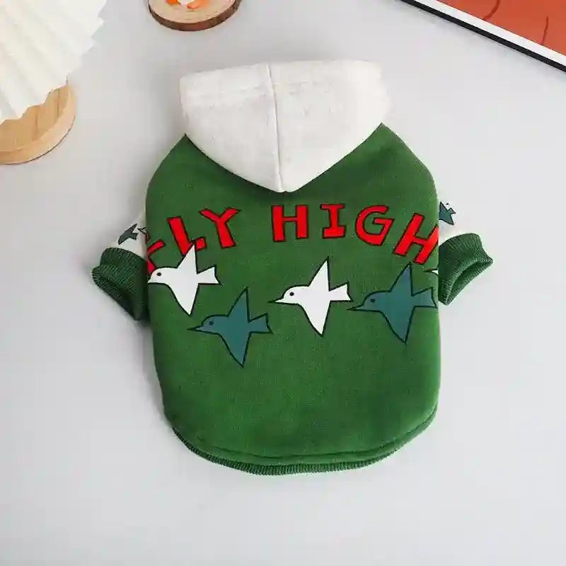 Green and white fleece padded dog hoodie for French Bulldogs with bird prints and red Fly High text