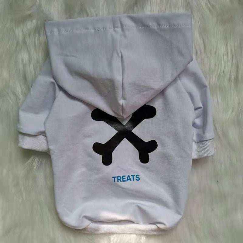 White cotton dog hoodie with black crossed bones and blue "TREATS" text on back