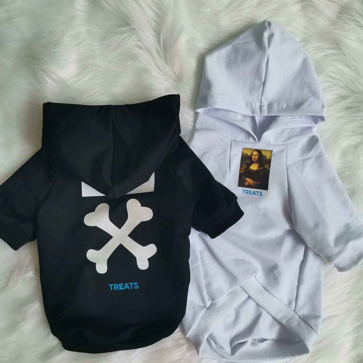 Black and white cotton hoodies for dogs with bone cross and Mona Lisa print on furry surface