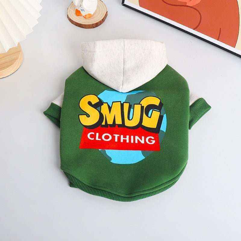 Green and beige hooded dog sweater with colorful SMUG Clothing logo on back