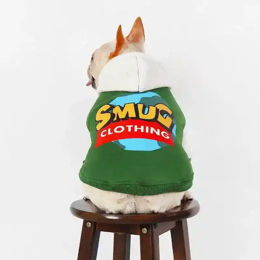 French Bulldog wearing green Smug Clothing hoodie sitting on wooden stool against white background