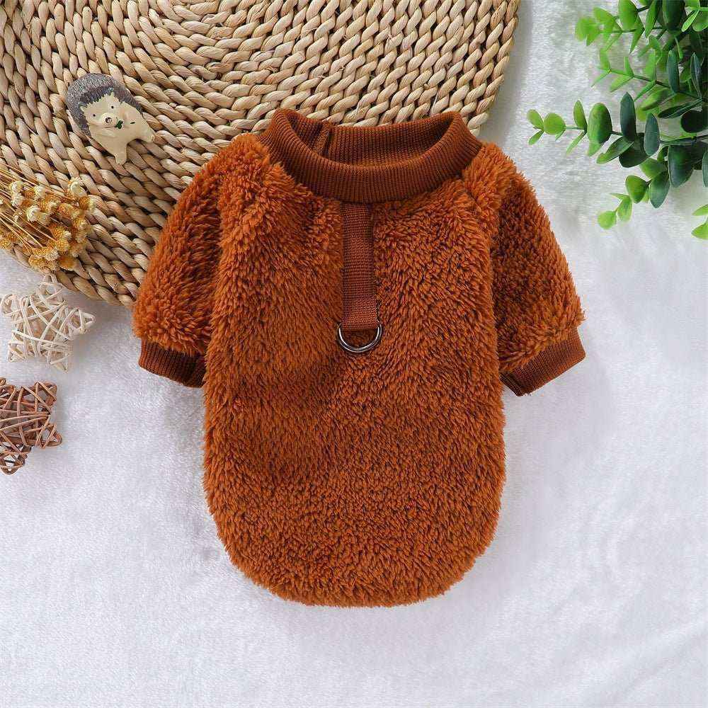 Brown fluffy fleece dog sweater with ribbed collar and sleeve cuffs, displayed on white surface