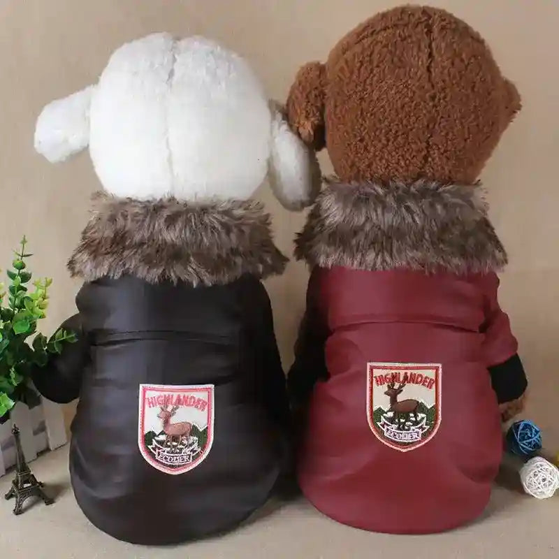 Two dog mannequins wearing elegant leather jackets in black and brown with fur collars and Highlander patches