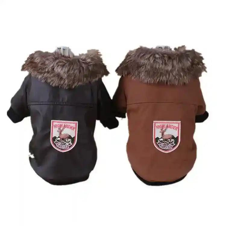 Black and brown dog jackets with faux fur collars and Highlander embroidered patches