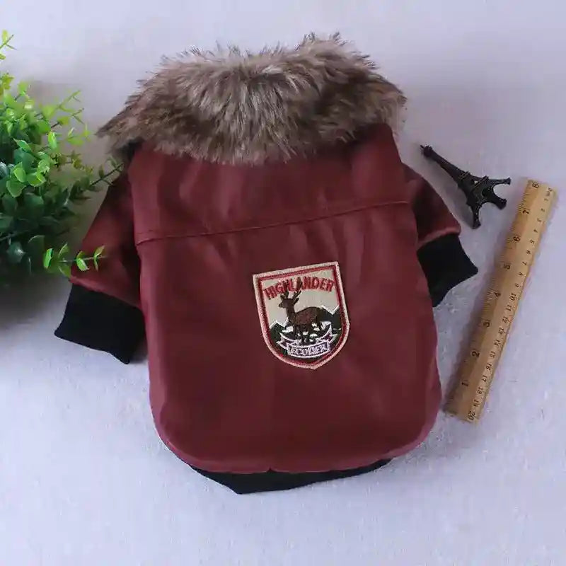 Small brown dog jacket with faux fur collar and Highlander patch, ruler and decorative Eiffel tower nearby