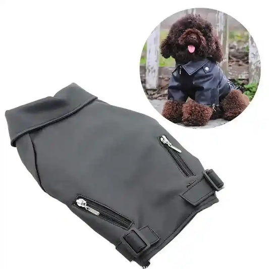 Giacca in Pelle per Cani Modello "Noir" con Taschine Zip - Dog Moda