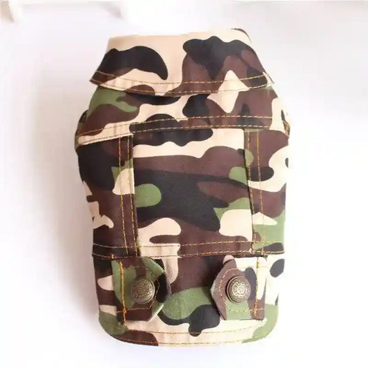 Small dog camouflage jacket with brown, green, and beige pattern and decorative buttons