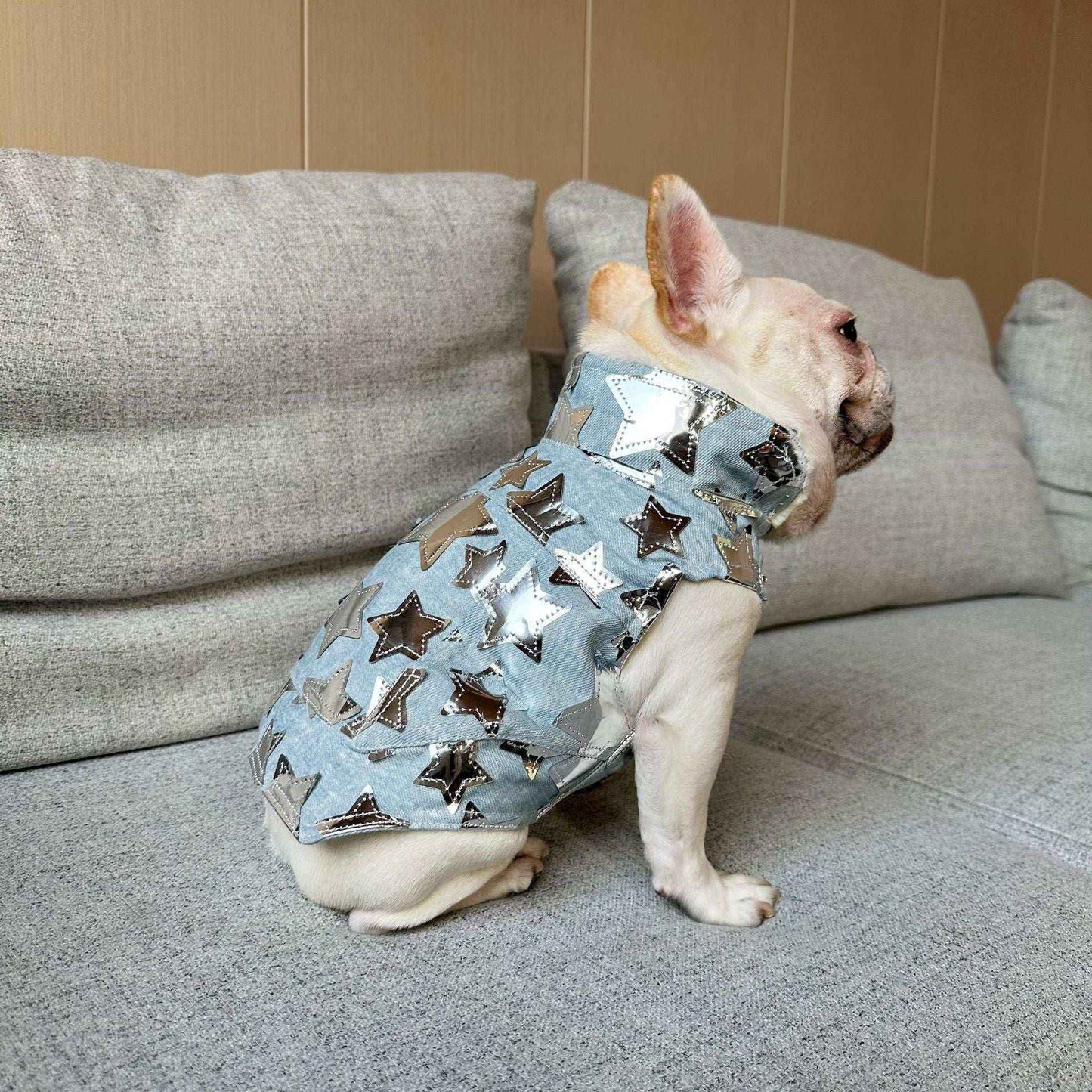 Gilet in Jeans per Cani - Modello Star con Stelline Luccicanti - Dog Moda