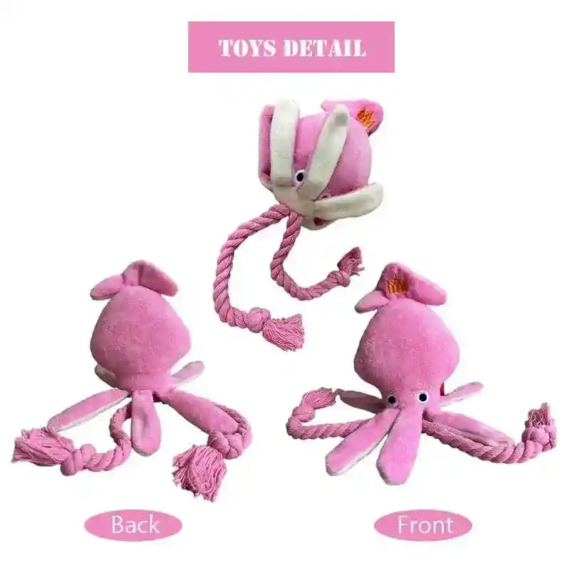 Pink plush octopus dog toy with rope legs and whistle, front and back views