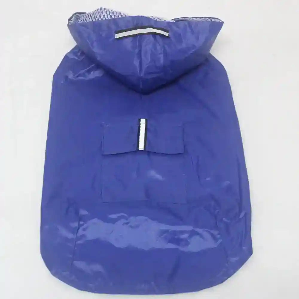 Blue lightweight waterproof dog raincoat with hood and pocket on back