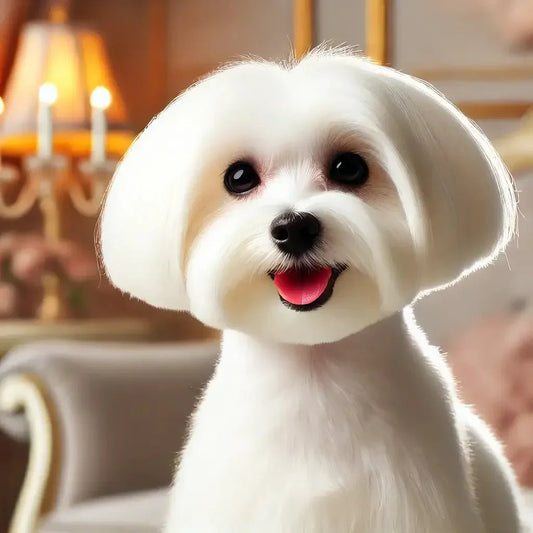 Close-up of a happy white Maltese dog with clean groomed fur indoors with elegant decor