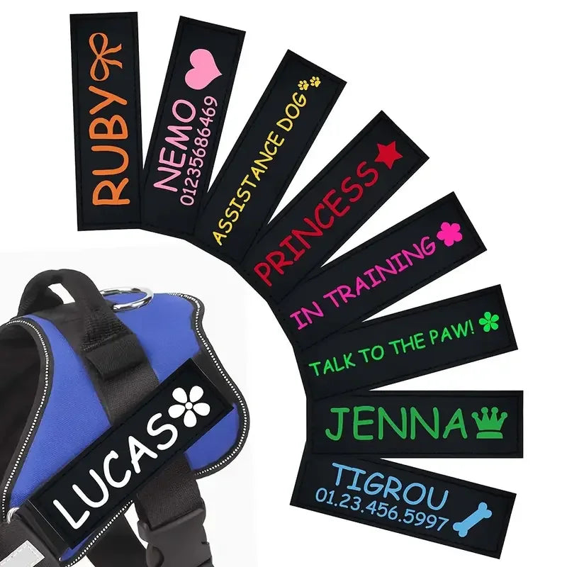 Custom dog harness name patches with colorful text and a blue harness, pet accessories