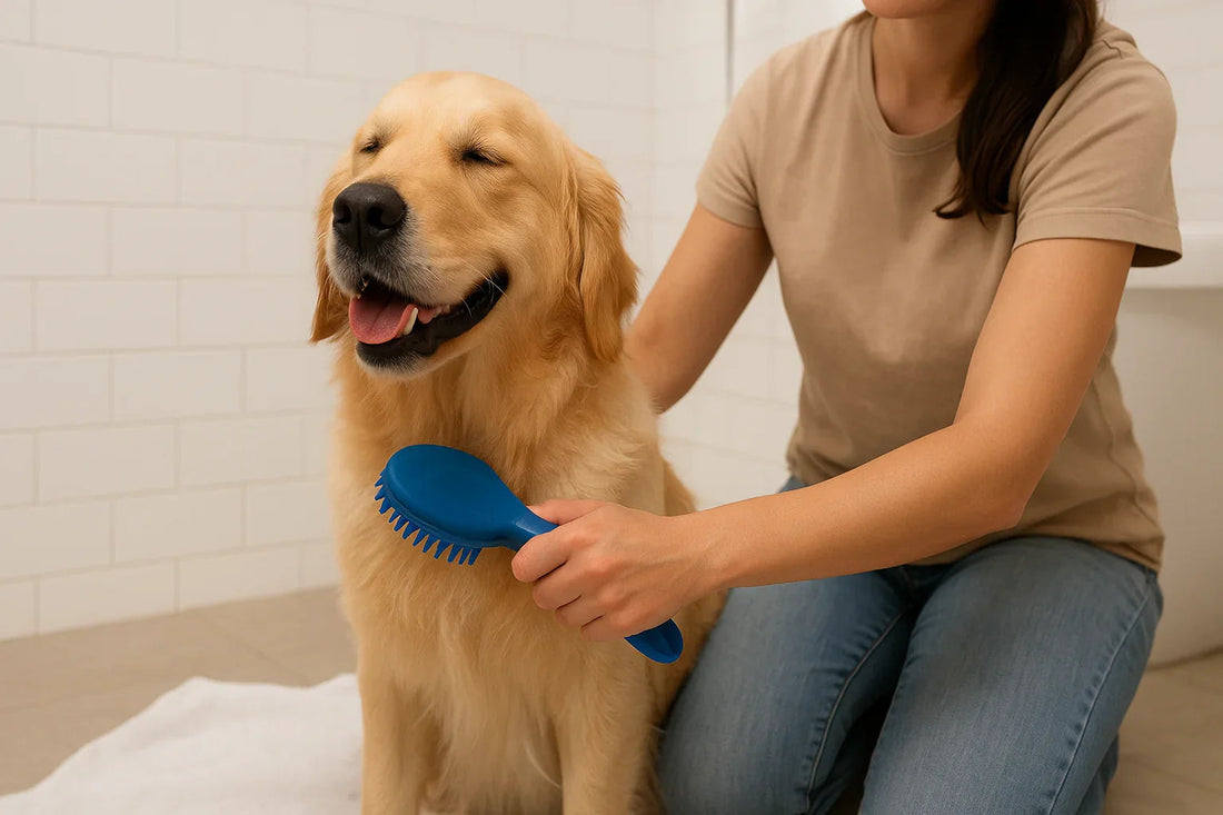 Golden retriever dog being brushed by person with blue grooming brush in indoor setting