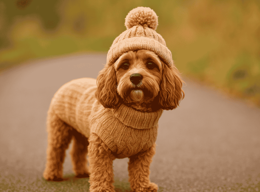 Cavapoo dog wearing a knitted sweater and hat standing on a pathway in autumn