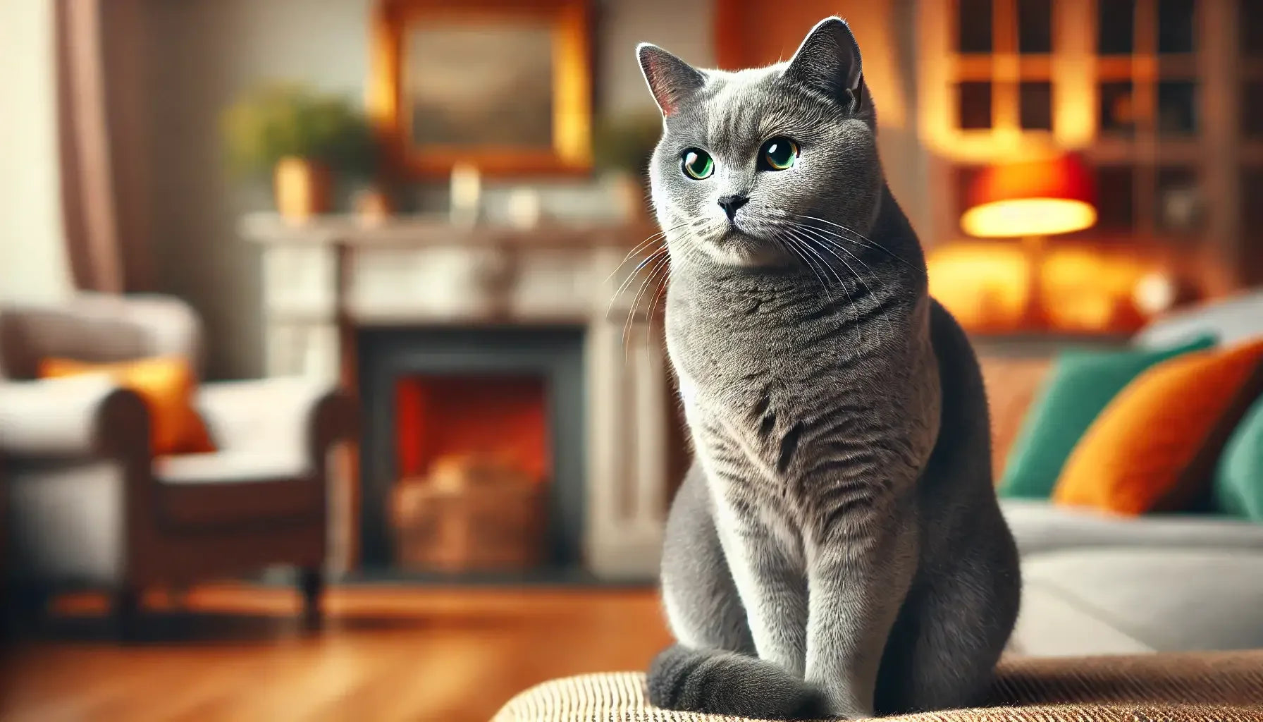 Gatto Cenerino con pelo argentato e occhi brillanti seduto in un ambiente accogliente con luce calda.