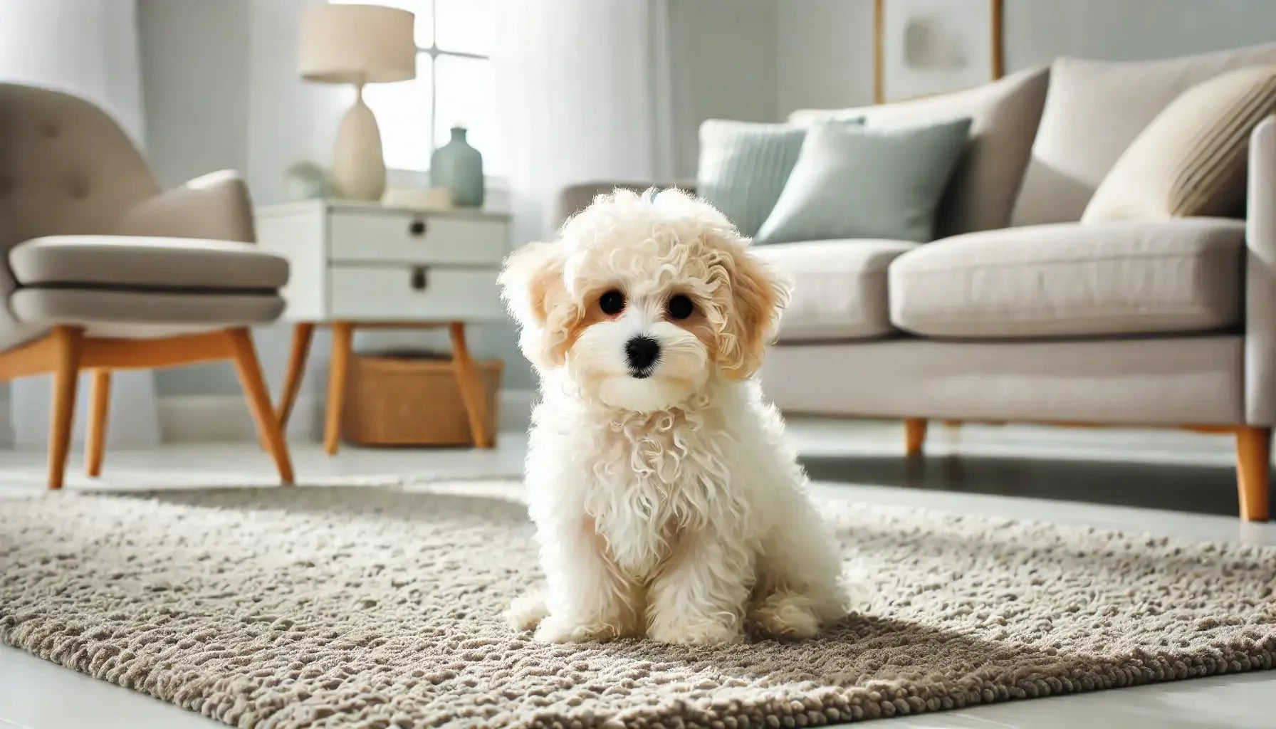  Maltipoo con pelo riccio e morbido seduto su un tappeto, in un ambiente pulito e luminoso, ideale per chi soffre di allergie.