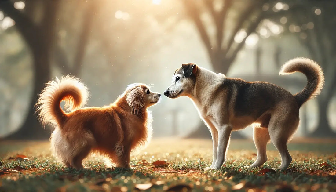 Due cani che si incontrano in un parco, uno più anziano e calmo, l'altro giovane e giocoso, annusandosi con curiosità e wagging della coda.