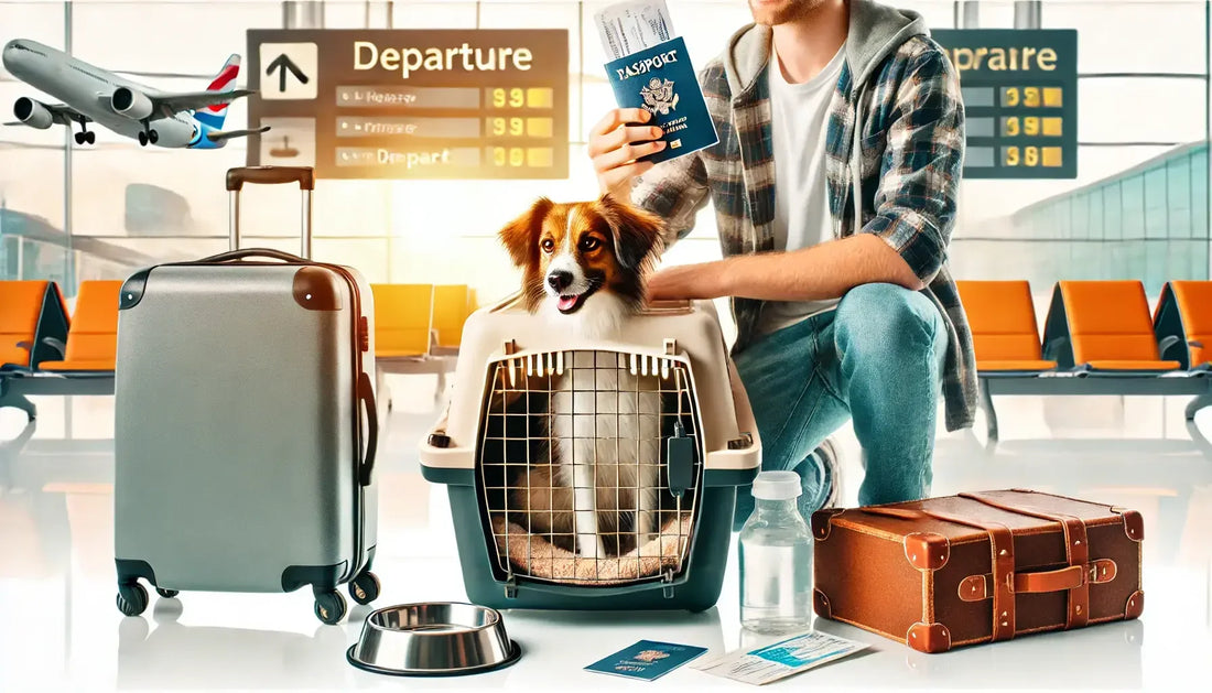 Traveler at airport with pet dog in carrier, holding passport, luggage, and travel accessories