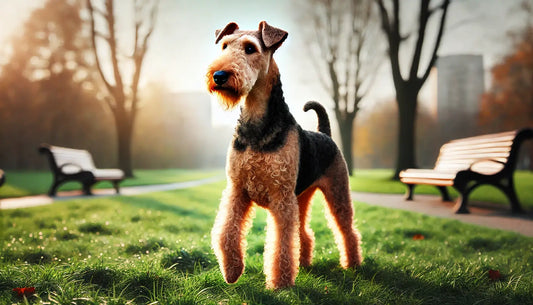 Airedale Terrier in un parco con il suo pelo ben curato e sguardo attento.