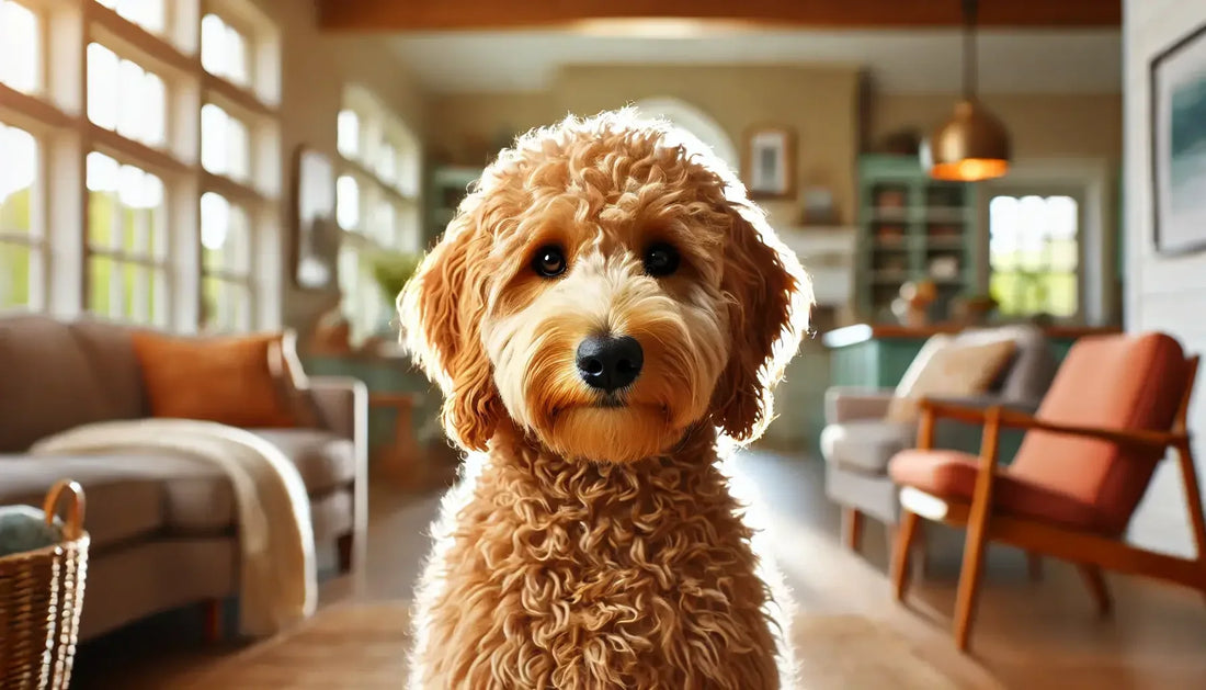 Curly Cavapoo dog with fluffy fur sitting in a bright, cozy living room with modern furniture