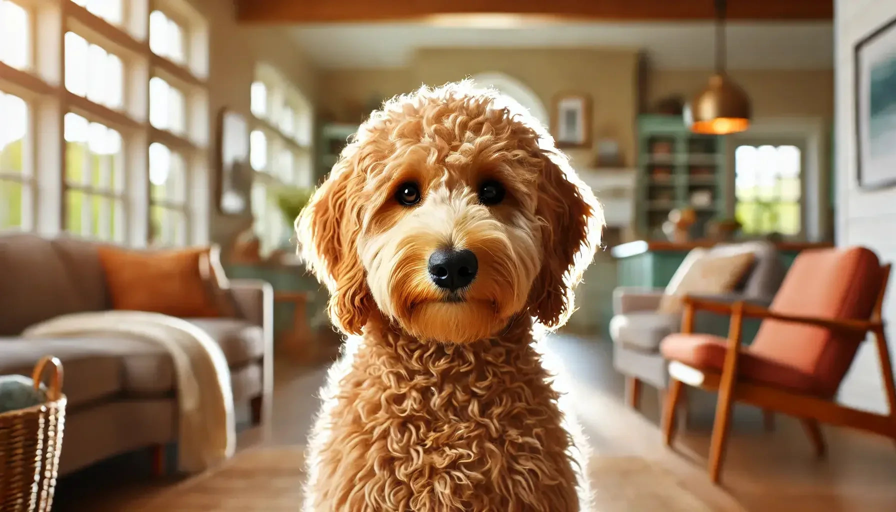 Curly Cavapoo dog with fluffy fur sitting in a bright, cozy living room with modern furniture