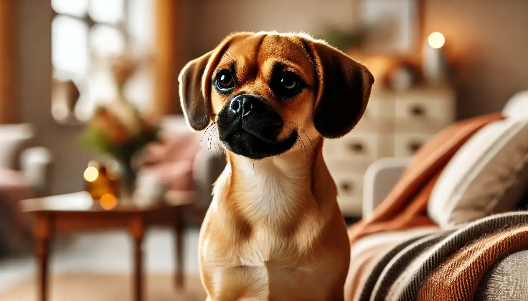 Un Puggle felice in un ambiente accogliente, mix tra Carlino e Beagle, con musetto espressivo e atteggiamento affettuoso.
