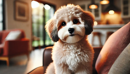 ShiPoo affettuoso in un ambiente accogliente, mix tra Shih Tzu e Barboncino, con pelo riccio e sguardo dolce.