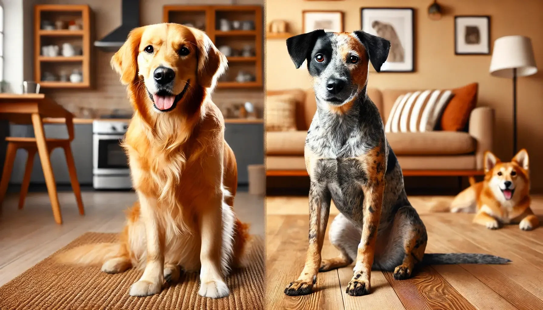 Confronto tra un cane di razza e un cane incrociato in un ambiente accogliente, evidenziando le differenze tra le due opzioni.