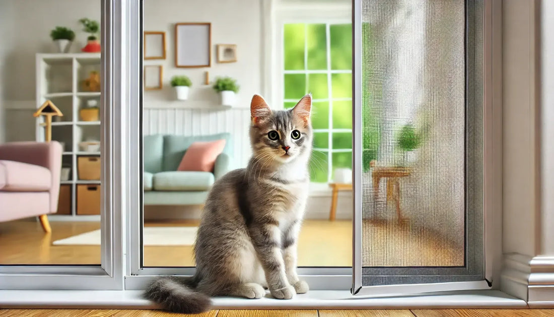 Curious gray tabby cat sitting on windowsill behind protective screen in bright modern living room