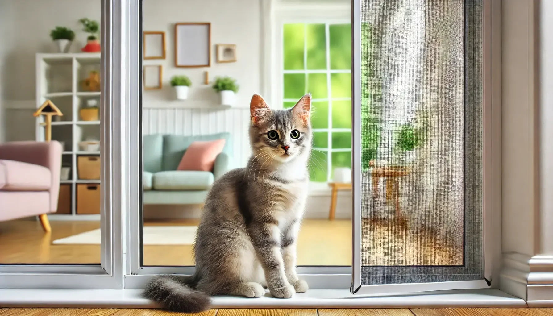 Curious gray tabby cat sitting on windowsill behind protective screen in bright modern living room