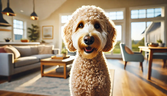 Labradoodle felice in un ambiente accogliente, mix tra Labrador e Barboncino, con pelo riccio e un atteggiamento affettuoso.