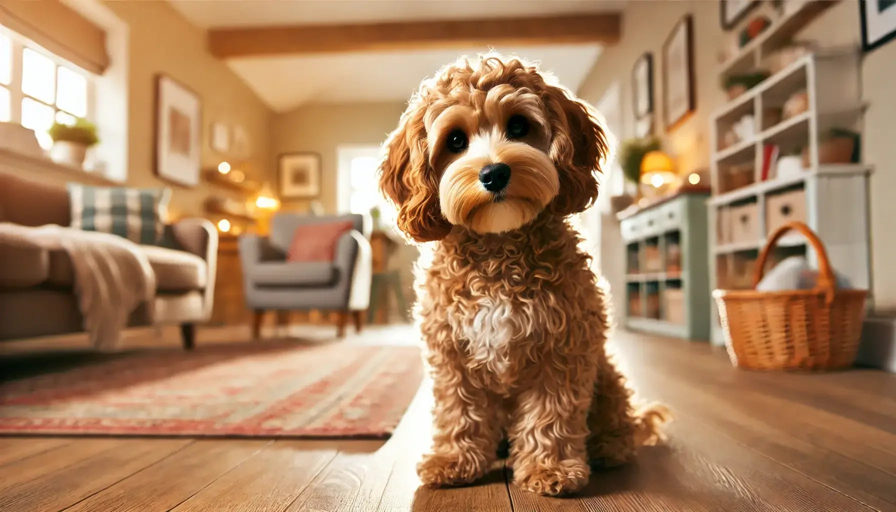 Cockapoo felice in un ambiente accogliente, mix tra Cocker Spaniel e Barboncino, con pelo riccio e un atteggiamento vivace e affettuoso.