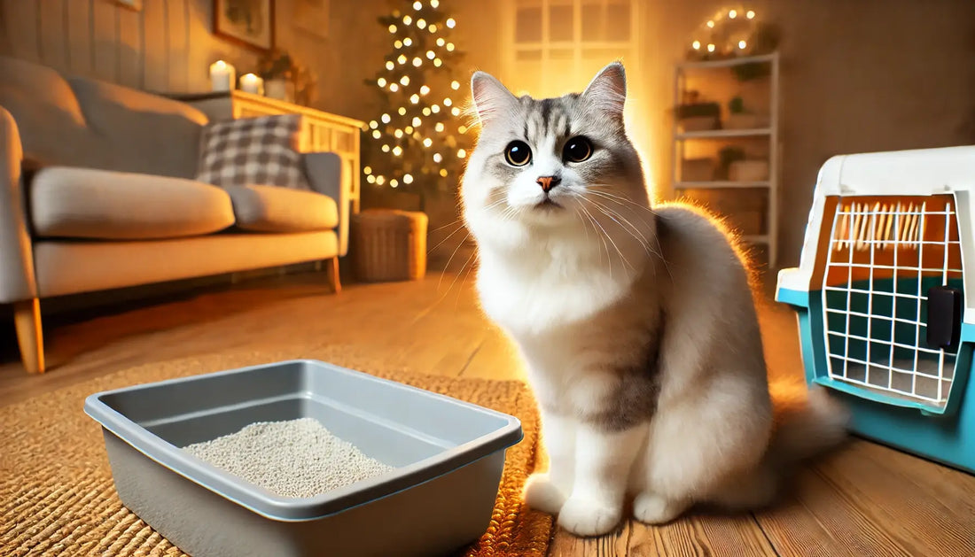 Gatto seduto accanto a una lettiera pulita, con espressione curiosa. Ambiente domestico accogliente, immagine illustrativa per guida sulla gestione della pipì del gatto.