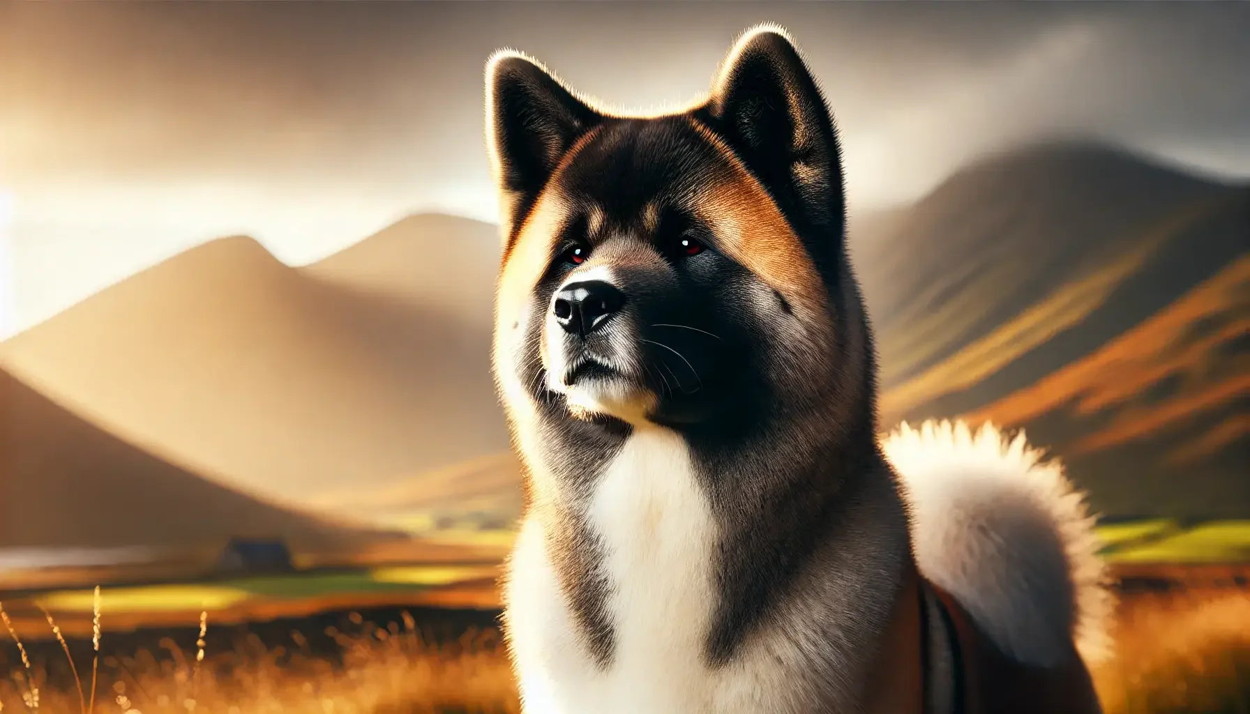 Majestic Akita dog with thick coat standing in a scenic mountain landscape during golden hour