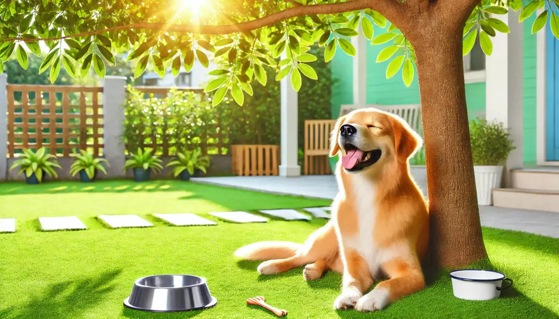 Happy golden dog sitting relaxed under a shady tree in sunny backyard with water bowls